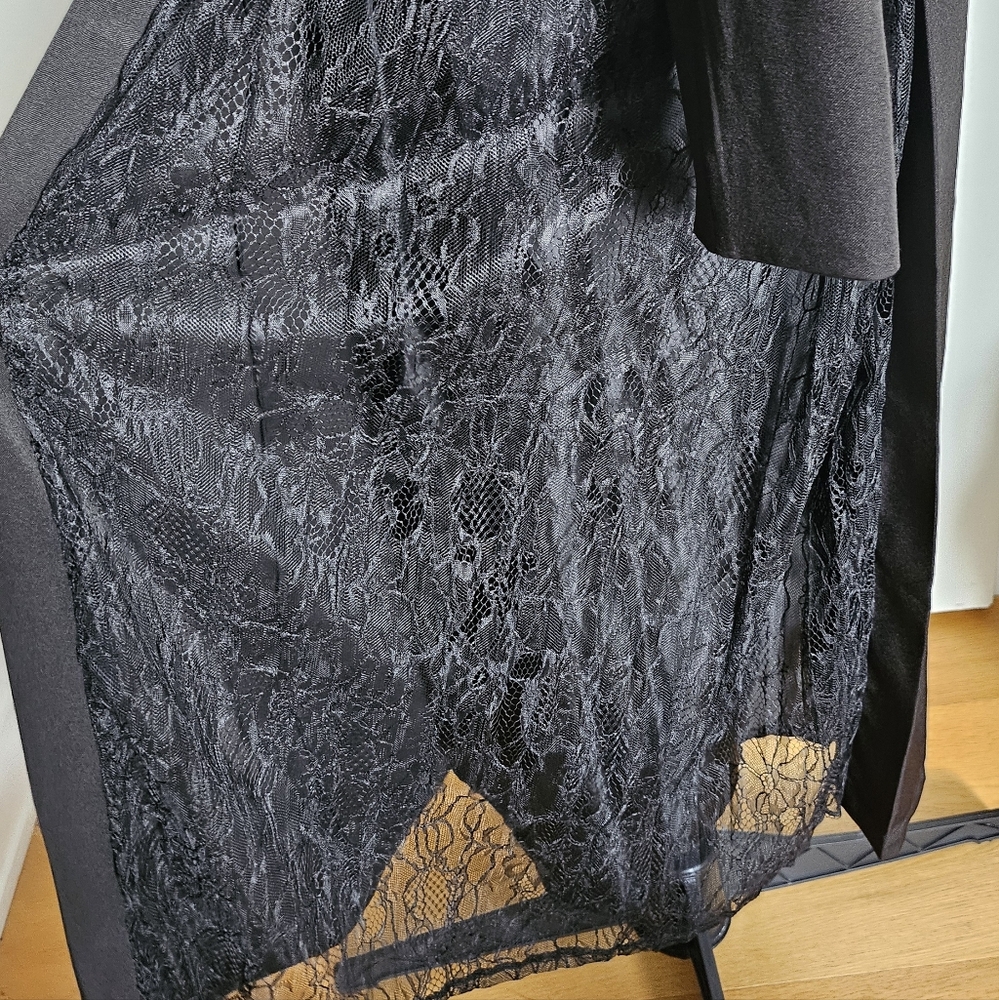 Resexxy Gyaru Black Trench Coat Pleated Lace Panel Sides Tortoise Shell Buttons - Picture 14 of 14